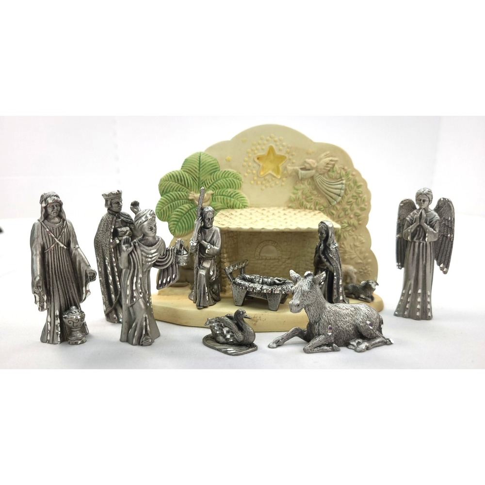 1989 Vtg Miniature 10 Piece Masterworks Fine Pewter Nativity Scene and Manger